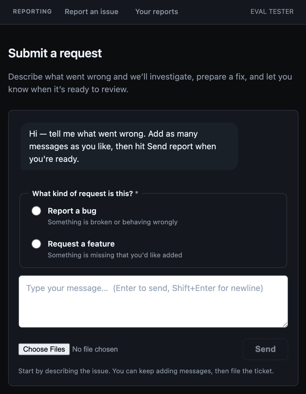 The Desk request form showing Report a bug and Request a feature choices, a message box, file attachment control, and Send button.
